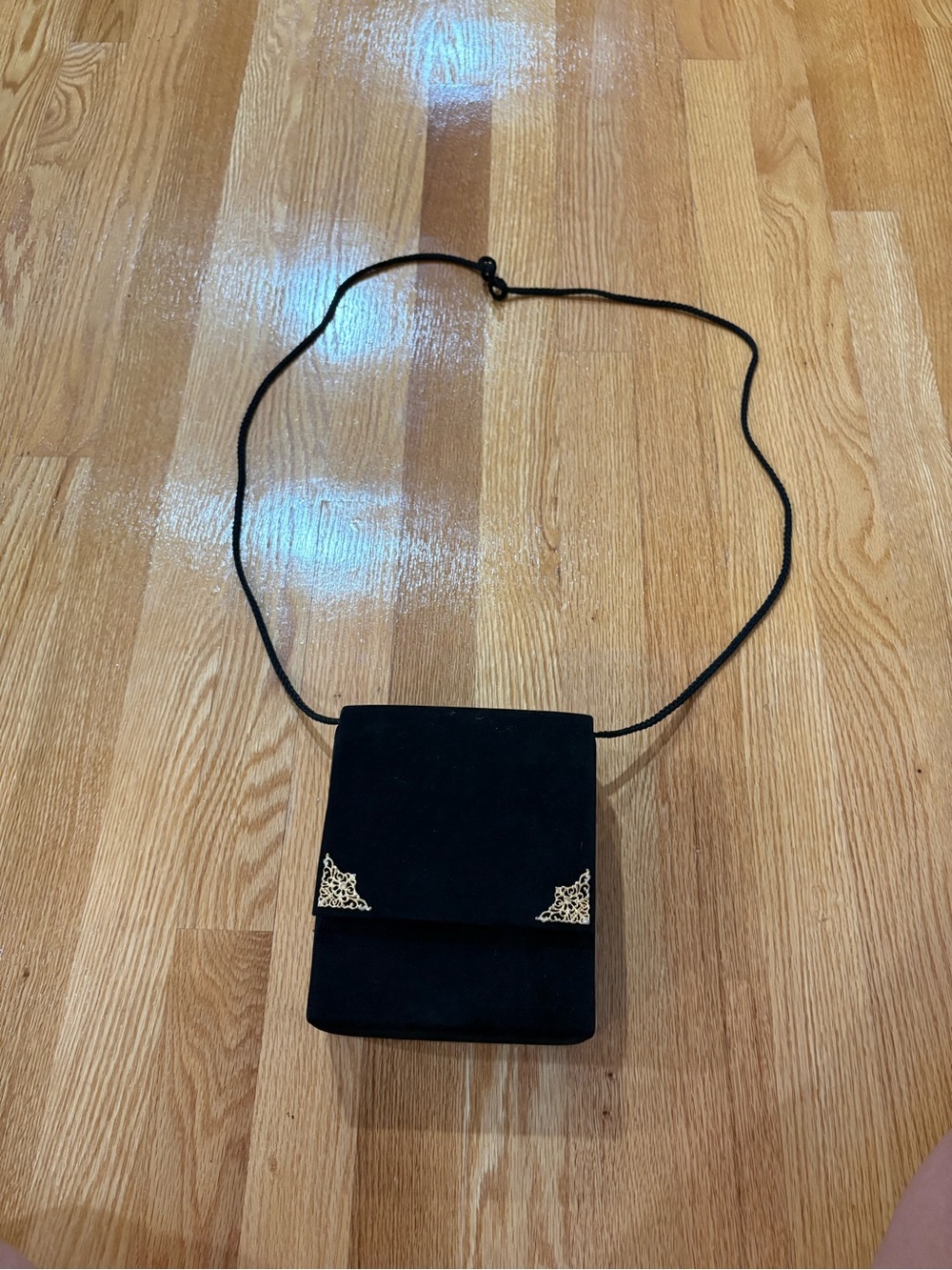 Vintage Black Suede Crossbody Bag with Gold Corner Accents